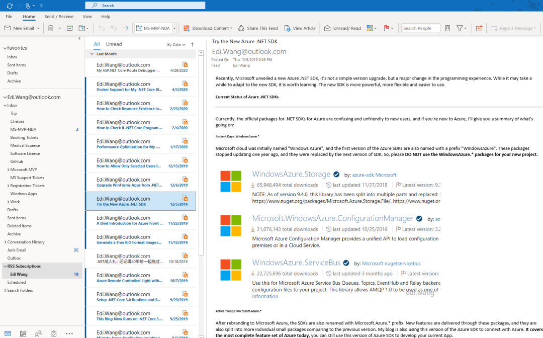 (图：最新版Microsoft 365 Outlook 中RSS订阅我的博客)