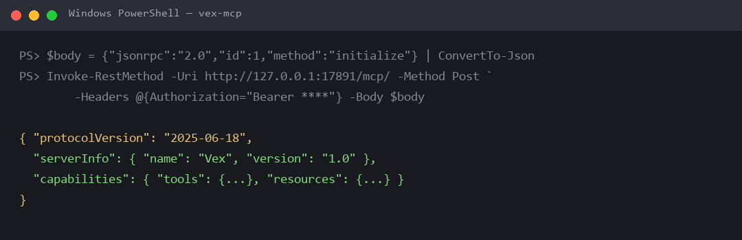 MCP 握手:protocolVersion 2025-06-18,serverInfo Vex